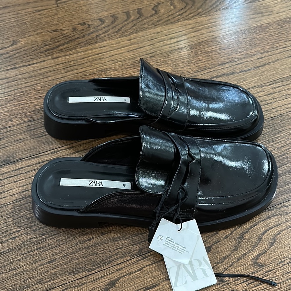 NWT Zara Women’s Loafer Slide On Shiny Black Mules Size 10/41 - Picture 5 of 11